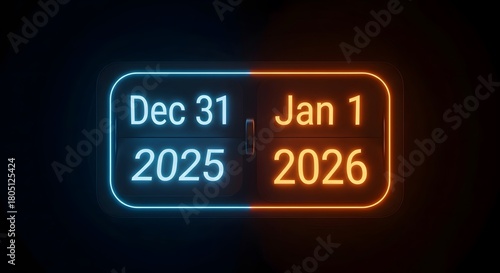 Neon sign displaying december 31 2025 and january 1 2026 marking the new year transition