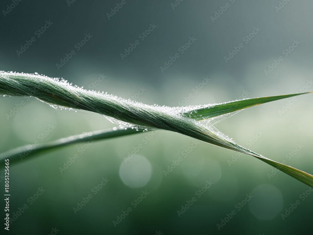 Obraz premium Delicate dew drops adorn a fresh green blade of grass, creating a glistening, ethereal effect. Perfect for nature, freshness, or renewal themes. Macro shot.
