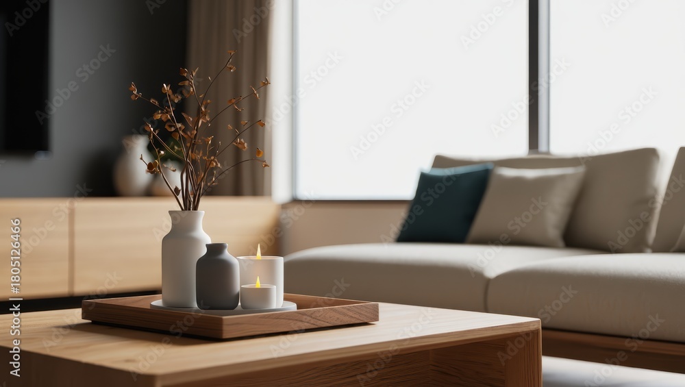 Fototapeta premium Cozy living room tray with candles and vases against a soft, neutral sofa backdrop