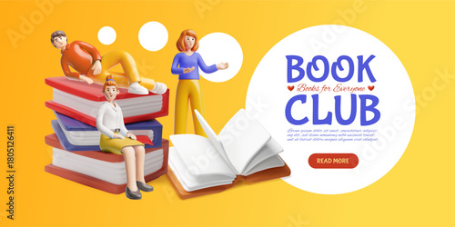 3D banner with characters and a stack of books, book exchange.