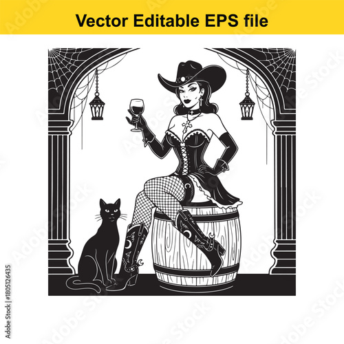 Cowgirl with a black cat sitting on a barrel, holding a glass of wine, in a saloon archway