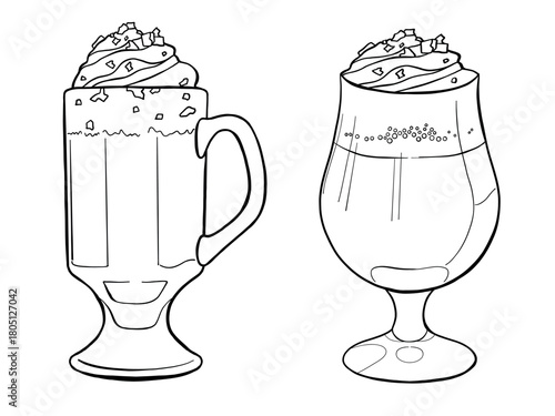 Irish coffee cocktail set. Hand drawn vintage doodle vector drink illustration. Caffeine hot beverage black