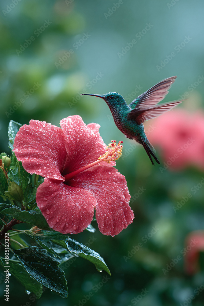 Obraz premium A stunning shot of a vibrant hummingbird in midflight, approaching a dewy hibiscus flower. Symbolizing natures beauty, agility, and delicate balance. Perfect for designs.