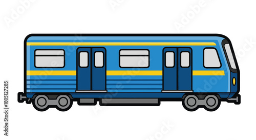 A simple cartoon illustration of a blue subway train on tracks