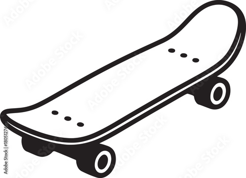 Black outline drawing of a skateboard on a white background wheels deck