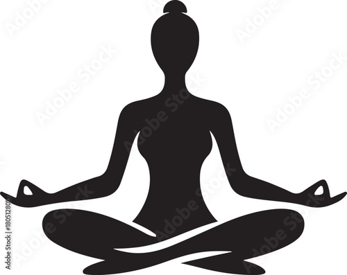 A black silhouette sits in a calm lotus meditation pose against a light, soft background. This image conveys tranquility, focus, balance, and inner peace for yoga.