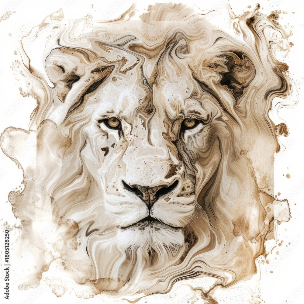 Obraz premium Abstract portrait of a lion's face created with liquid paint. Modern fluid art illustration with a brown and white marble effect. Artistic wildlife concept on a white background