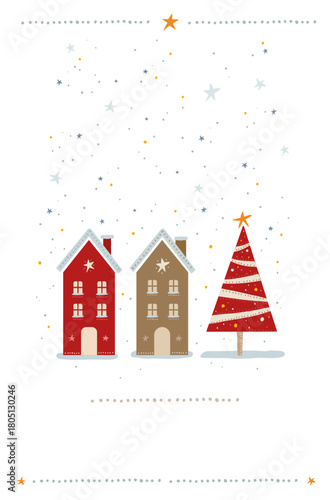 Tarjeta o pancarta minimalista de motivo navideño con casas pequeñas, árbol decorado, nieve y estrellas. Dibujo vectorial a mano. Recurso gráfico.