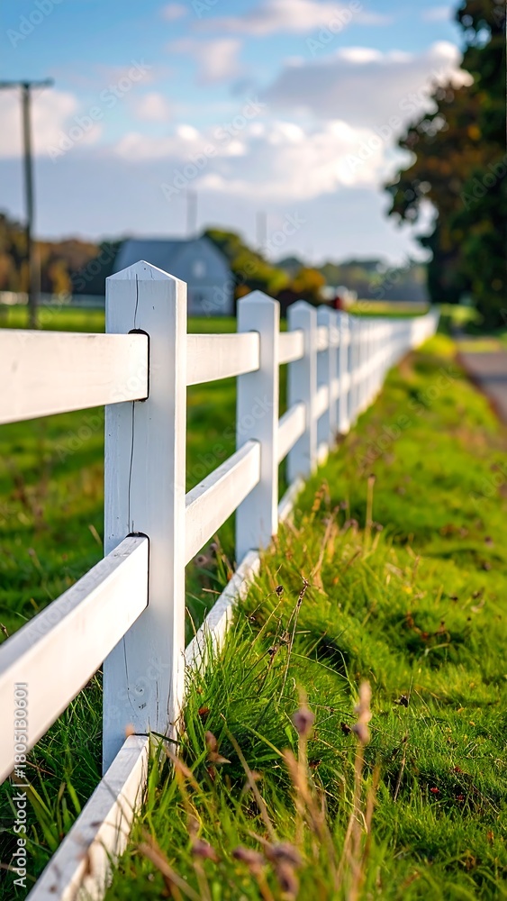 Naklejka premium Close-up of a white fence lining a grassy field