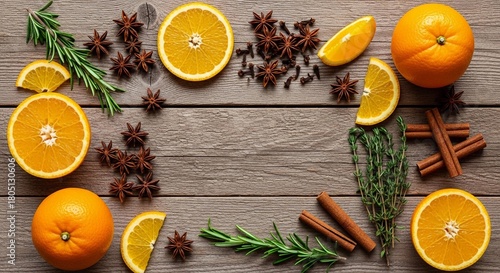 Oranges, cinnamon sticks, star anise, and rosemary arranged on wooden surface for simmer pot with citrus spice and herbal mix aroma.