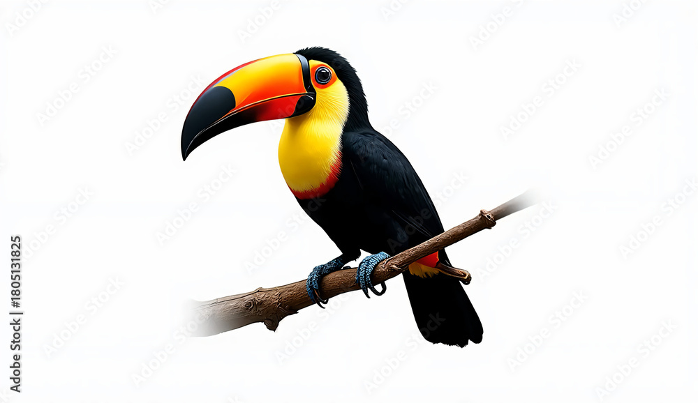 Obraz premium Toucan bird on a tree branch with a white background