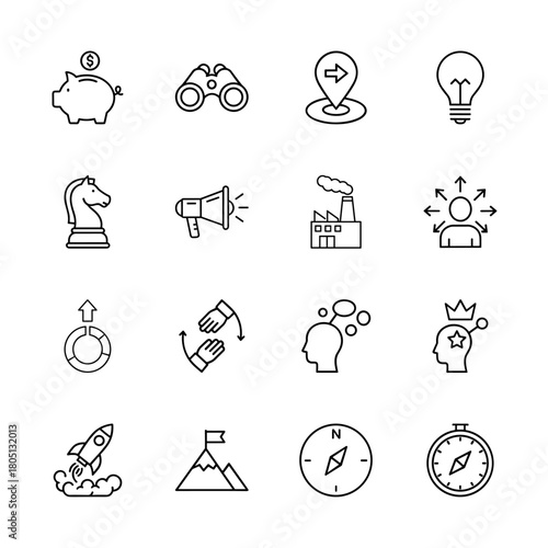 Business strategy line icon set. Vector pictograms of piggy bank, binoculars, lightbulb, chess knight, megaphone, factory, rocket, compass, mountain, and ideas, thin linear illustration.