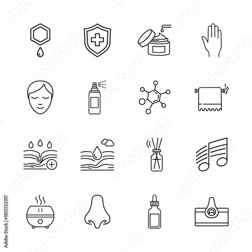 Skincare and wellness line icon set. Vector pictograms of honeycomb, cream jar, face, spray bottle, skin layers, reed diffuser, humidifier, dropper bottle, and massage tool, thin linear illustration.