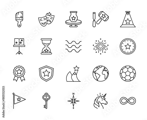 Creative arts, achievement, and conceptual line icon set. Vector pictograms of paintbrush, theater masks, pottery, magic book, hourglass, award, unicorn, and symbols, thin linear illustration.