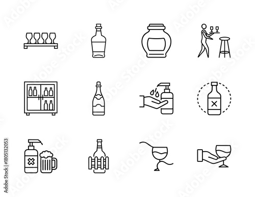 Beverage and bar line icon set. Vector pictograms of spirit bottles, wine glasses, bar servers, cabinets, and dispenser bottles, thin linear illustration.