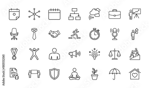 Business and lifestyle line icon set. Vector pictograms of calendar, network, chart, briefcase, handshake, stopwatch, microphone, scales, shield, umbrella, plant, home, thin linear illustration.