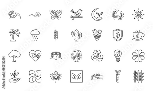 Nature and ecology line icon set. Vector pictograms of plants, animals, weather, organic elements, and environmental symbols, thin linear illustration.
