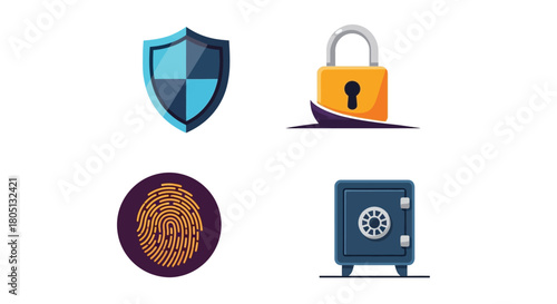 Security icons depicting shield lock fingerprint and safe for protection