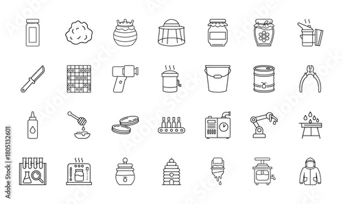 Apiculture and honey production line icon set. Vector pictograms of beehives, beekeeper suit, honey jars, smokers, dippers, extractors, and wax, thin linear illustration.