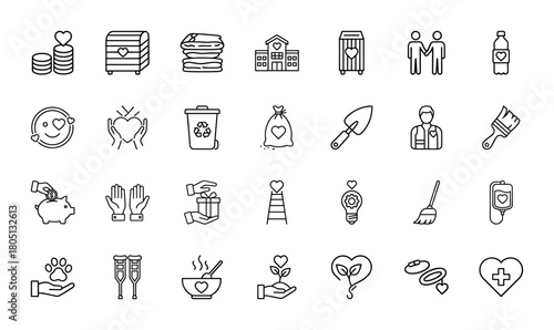 Humanitarian aid and social responsibility line icon set. Vector pictograms of donations, community support, eco-friendly actions, and helping hands, thin linear illustration.