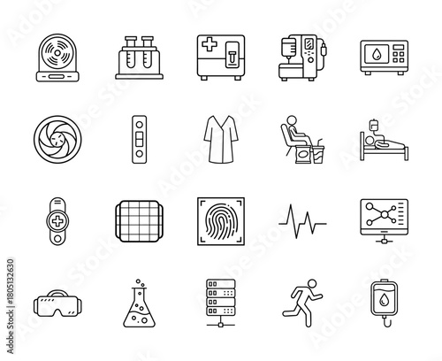 Modern medical and scientific research line icon set. Vector pictograms of medical devices, lab equipment, patient care, biometrics, data, and virtual reality, thin linear illustration.