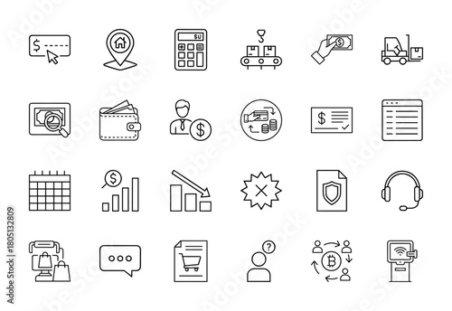 Business and finance line icon set. Vector pictograms of credit card, wallet, calculator, logistics, online shopping, financial charts, security, and customer support, thin linear illustration.
