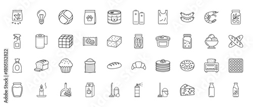 Grocery and household items line icon set. Vector pictograms of pet food, batteries, sausages, shrimp, bread, pancakes, toaster, vacuum cleaner, and cleaning supplies, thin linear illustration.