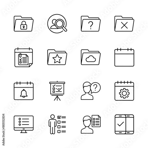 Business management and office administration line icon set. Vector pictograms of folders, user search, calendars, presentation board, monitor, and smartphone, thin linear illustration.