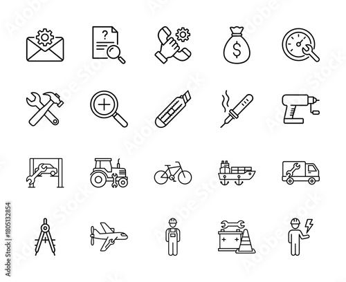 Service and repair line icon set. Vector pictograms of tools, vehicles, engineering, maintenance, and support elements, thin linear illustration.