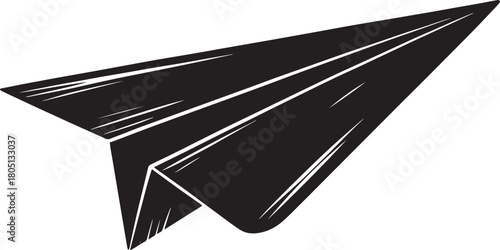 Black paper airplane icon with white lines on transparent background origami flight