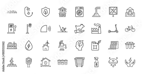 Environment and sustainability line icons. Vector set featuring solar chargers, recycling, eco fuel, water filters, and smart homes.