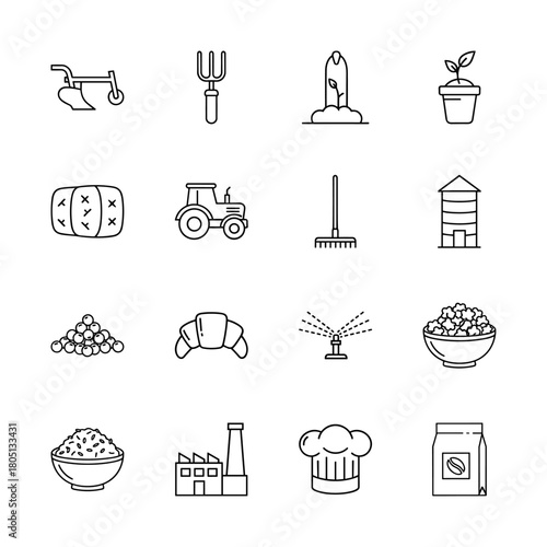 Agriculture and food industry line icon set. Vector pictograms of plow, tractor, rake, silo, sprout, croissant, rice, factory, and chef hat, thin linear illustration.