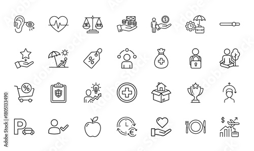 Universal concepts line icon set. Vector pictograms of heartbeat, financial growth, shopping, protection, wellness, ideas, and rewards, thin linear illustration.