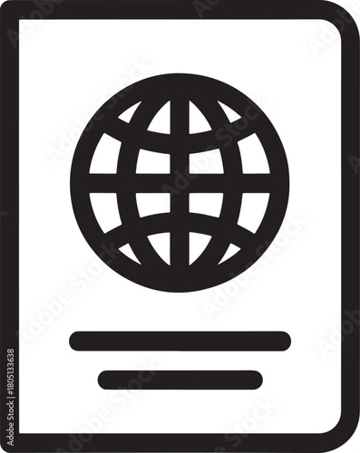 Black Passport Icon with Globe Symbol and Lines on White Background travel document