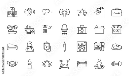 Healthcare and wellness line icon set. Vector pictograms of hospital, ambulance, nurse, x-ray, first aid, mask, exercise bike, yoga, dumbbell, thin linear illustration.