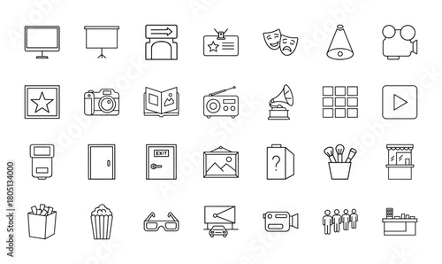Entertainment and media line icon set. Vector pictograms of monitor, projector, theater masks, camera, radio, gramophone, popcorn, 3D glasses, and video camera, thin linear illustration.