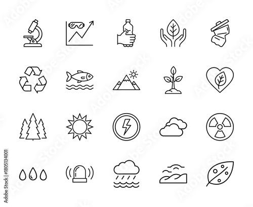 Environmental science line icon set. Vector pictograms of microscope, recycle symbol, fish, mountains, sapling, leaf, sun, lightning, clouds, and water elements, thin linear illustration.