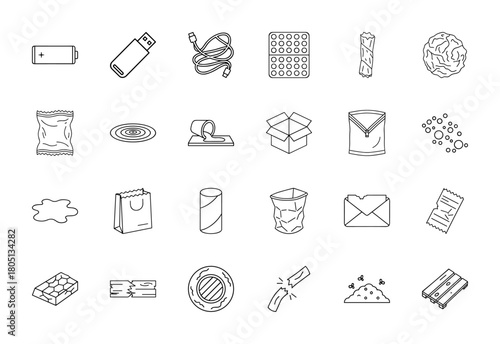 Waste management and recycling line icon set. Vector pictograms of various disposable and broken objects, thin linear illustration.