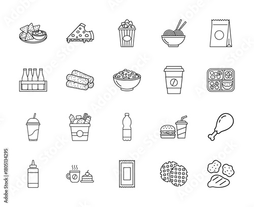 Fast food and snack line icon set. Vector pictograms of pizza, burger, chicken, popcorn, noodles, coffee, soda, nachos, and desserts, thin linear illustration.