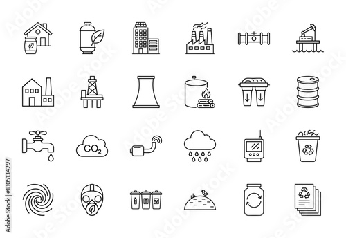 Environmental technology line icon set. Vector pictograms of factory, oil rig, pipeline, CO2 cloud, recycle bin, and gas mask, thin linear illustration.