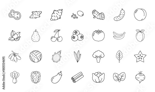 Nutrition and grocery line icon set. Vector pictograms of pear, cherry, blueberry, banana, broccoli, cabbage, eggplant, ginger, and cinnamon, thin linear illustration.