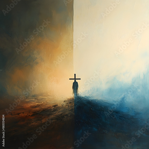 Central figure of Christ beneath the cross, warm beige light on one side and cool blue mist on the other, symbolic fusion of divinity and humanity 