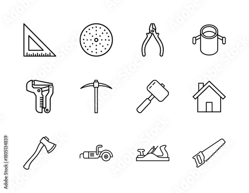 Construction tools line icon set. Vector pictograms of ruler, pliers, wrench, pickaxe, mallet, house, axe, grinder, planer, and saw, thin linear illustration.