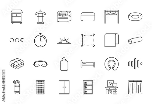 Home and bedroom line icon set. Vector pictograms of a nightstand, valet stand, storage chest, clothes rack, bed, duvet, pillow, eye mask, hot water bottle, and a wardrobe, thin linear illustration.