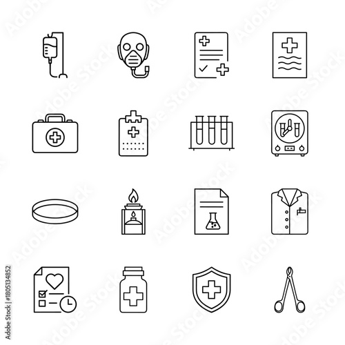 Healthcare line icon set. Vector pictograms of IV drip, mask, medical chart, first aid kit, test tubes, lab coat, and medicine bottle, thin linear illustration.