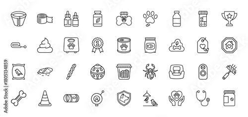 Pet care line icon set. Vector pictograms of e-collar, leash, pet food, treats, toys, veterinary supplies, grooming tools, and shelter, thin linear illustration.