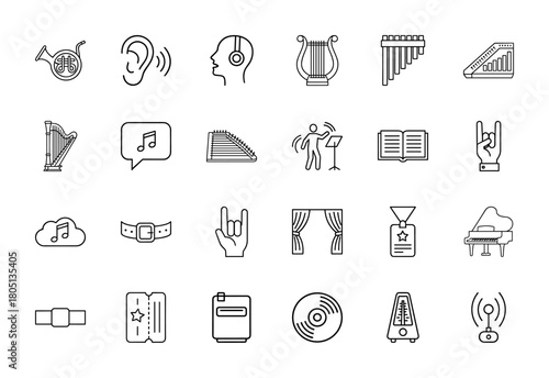Music and performance line icon set. Vector pictograms of musical instruments, audio equipment, stage elements, and event access, thin linear illustration.