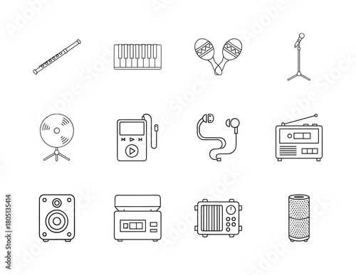 Music and audio line icon set. Vector pictograms of flute, keyboard, maracas, microphone, record, player, earphones, radio, speaker, recorder, and amplifier, thin linear illustration.