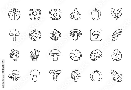 Healthy food line icon set. Vector pictograms of vegetables like bell pepper, garlic, mushroom, broccoli, spinach, ginger, and artichoke, thin linear illustration.