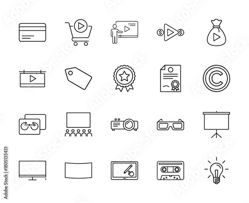 Online video content and e-learning icon set. Vector pictograms of video lecture, credit card, shopping cart, copyright, projector, monitor, and light bulb, thin linear illustration.